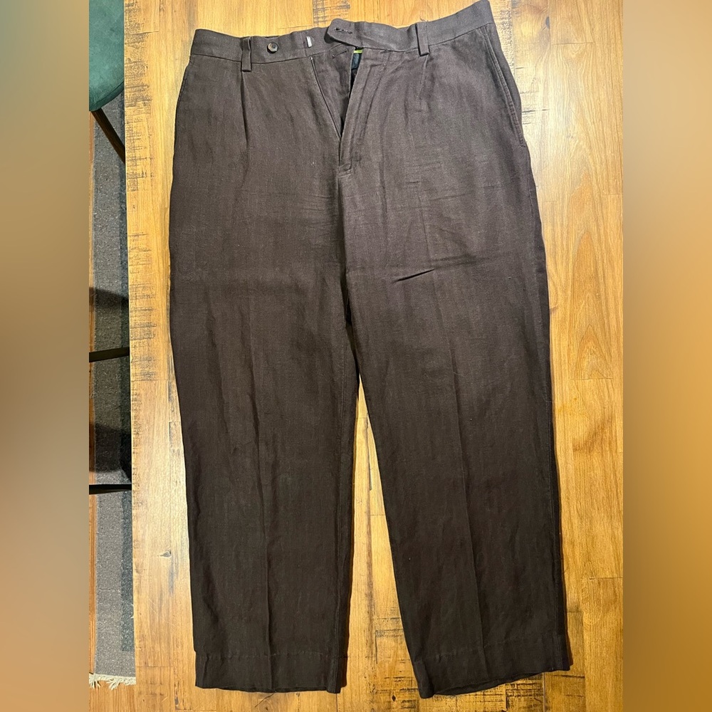 Wide-Leg Linen Blend Brown Pants